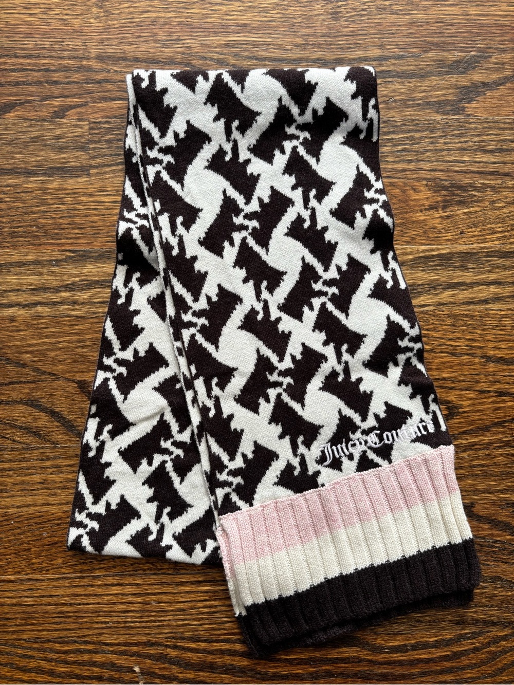 Juicy Couture Wool Cotton Scottie Dog Winter Scarf Mocha Brown Pink
